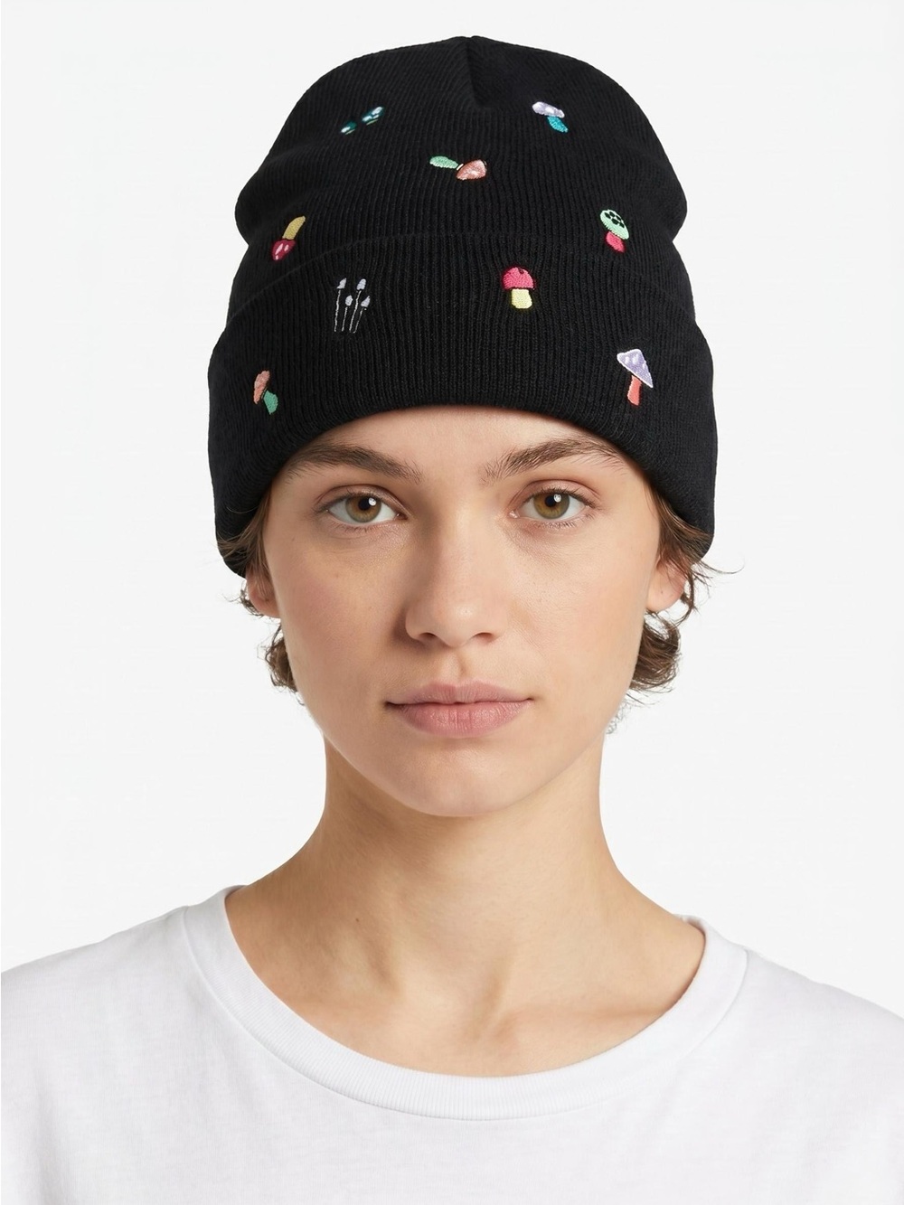 Zumiez Black Beanie with Multicolor Mushroom Embroidery NWT